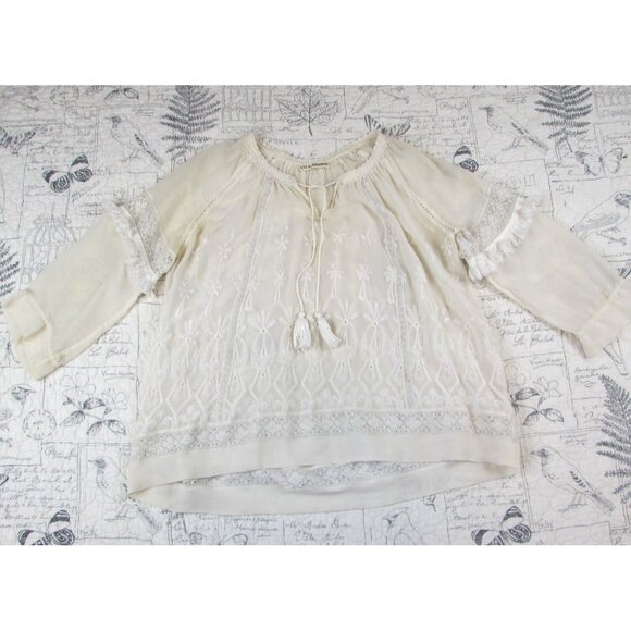 Ulla Johnson Cream sheer  Silk V Neck embroidered Blouse Tie Neck womens sz 2 - Picture 1 of 11
